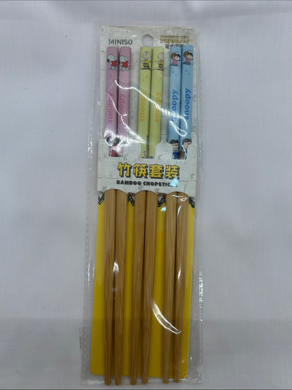 MINISO Peanuts Bamboo Chopsticks Set - Pink, Yellow, Blue